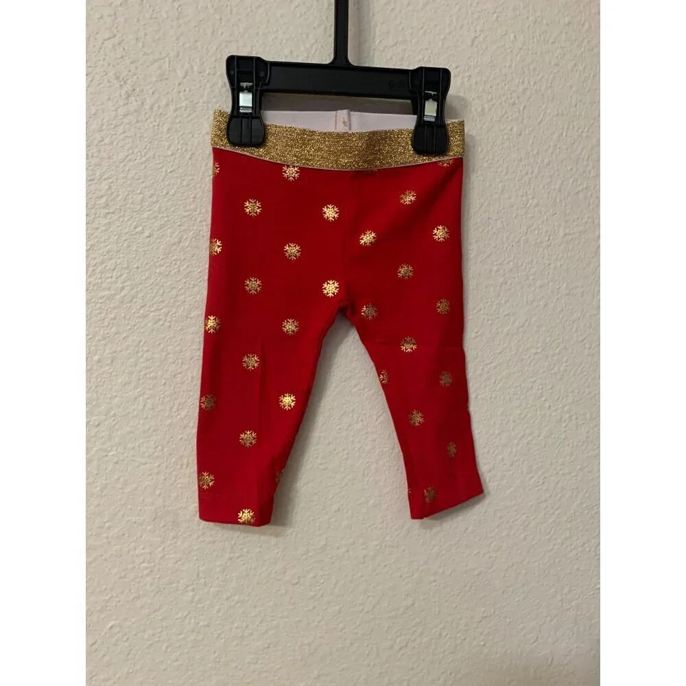 NWOT Red & Gold Snowflake Leggings Baby Girl Size 0-3 Months Christmas WinterAD2